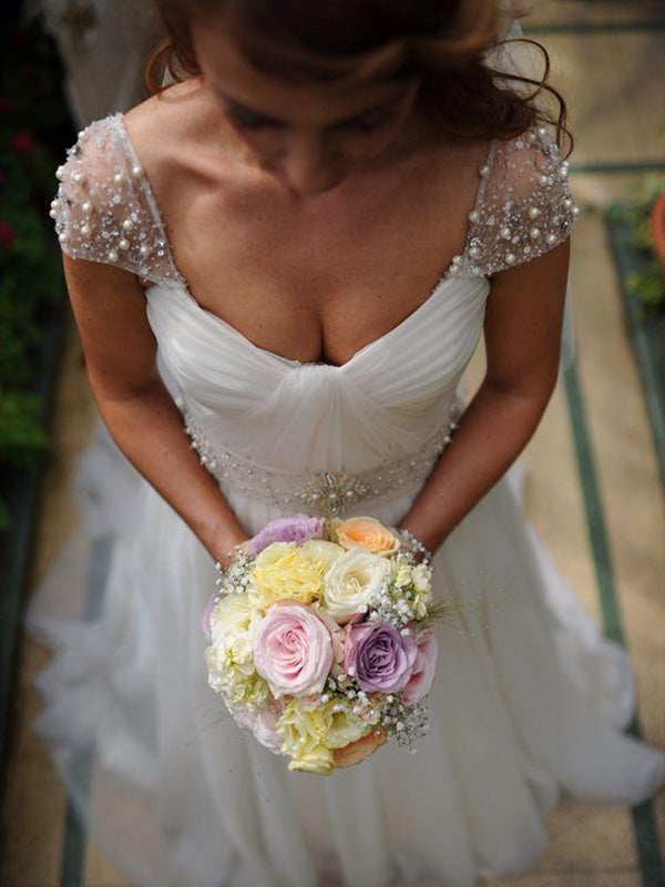 Boho Wedding Dresses Cap Sleeve with Beadings Elegant Tulle A Line Vintage Wedding Dress YSG6901|annapromdress