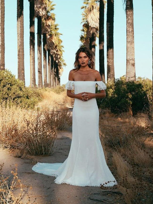 Cap Sleeve Lace Sheath Lace Wedding Dress 2019 Boho Wedding Dress Bridal Gown with Sweep Train YSG6902|annapromdress