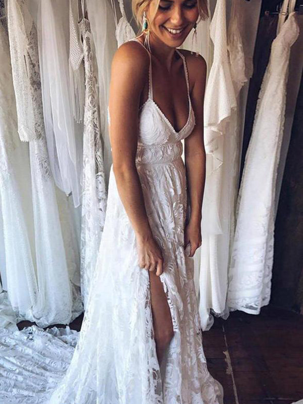Sexy Spaghetti Straps V Neck Boho Lace Wedding Dress with Silt Rustic Wedding Dress Cross Back YSG6904|annapromdress