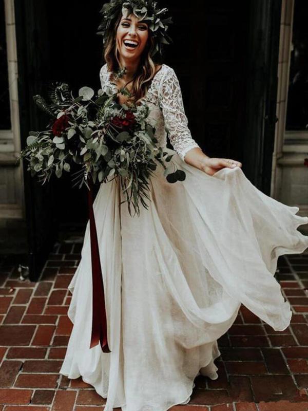 Sexy V-neck 3/4 Sleeves Boho Wedding Dress A Line Beach Wedding Dress Bridal Gown YSJ1979|annapromdress