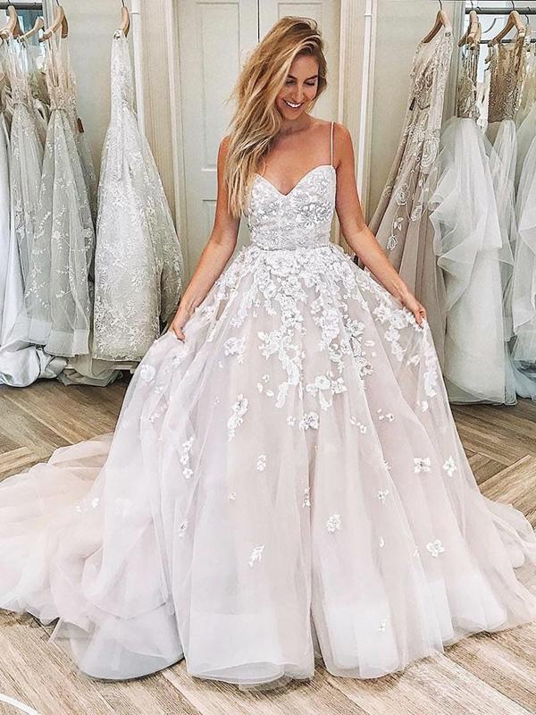 Ball Gown Wedding Dress 2019 Spaghetti Straps Appliques Princess Wedding Dress Bridal Gown YSJ1982|annapromdress