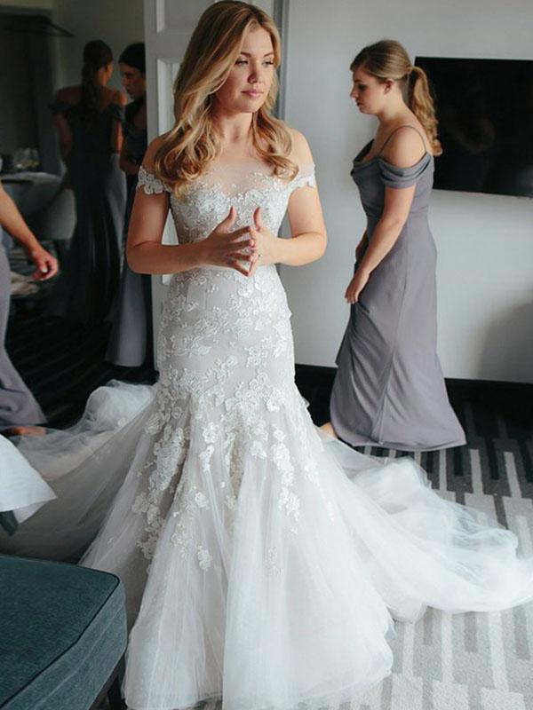Off-the-Shoulder Lace Wedding Dress Illusion Neckline Mermaid Wedding Dress Brush/Sweep Train YSJ1986|annapromdress