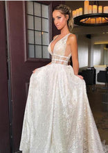 Sparkly Sexy Deep V Neck Wedding Dress with Straps A Line Backless Wedding Dress Sweep Train YSJ1992|annapromdress