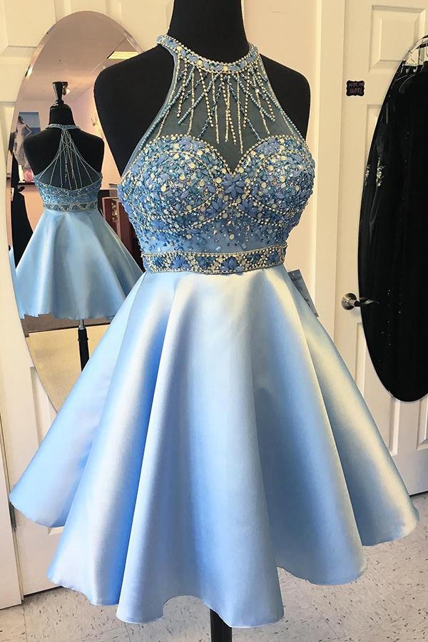 Blue Short A-line Halter Beading Satin Homecoming Dresses GJS112