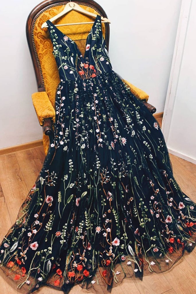 A-line V neck Black Boho Long Formal Dresses Unique Floral Formal Evening Gowns JKG041