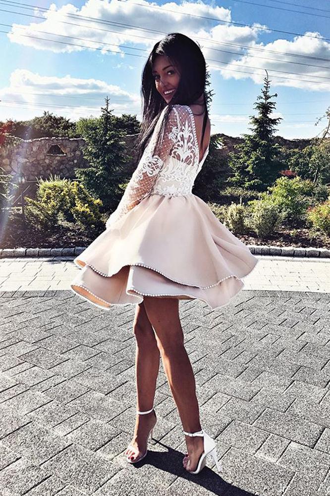Long Sleeve Satin Short Homecoming Dress, A Line Lace Mini Party Dresses ANN1085