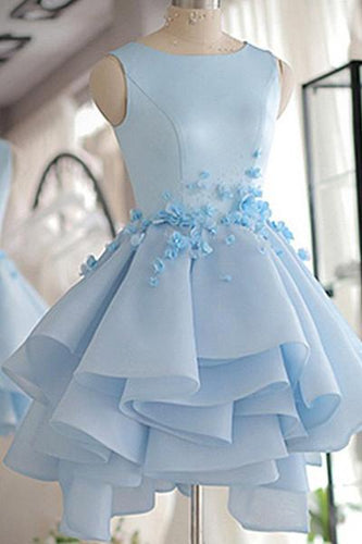 Sky Blue Homecoming Dress,A-line Satin Organza Short Flowers Original Prom Dresses,Mini Dress AN147
