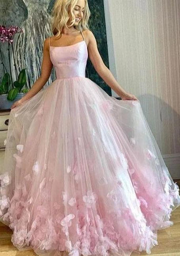 Light Pink Spaghetti Straps Long Prom Dresses, 3D Flowers Evening Dresses JKN4101|Annapromdress