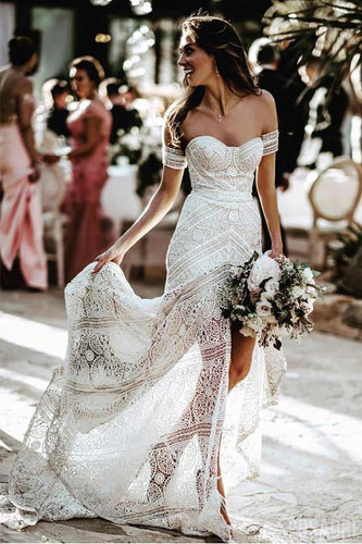 White Sweetheart Sexy Middle Slit Mermaid Wedding Prom Dresses OHD282