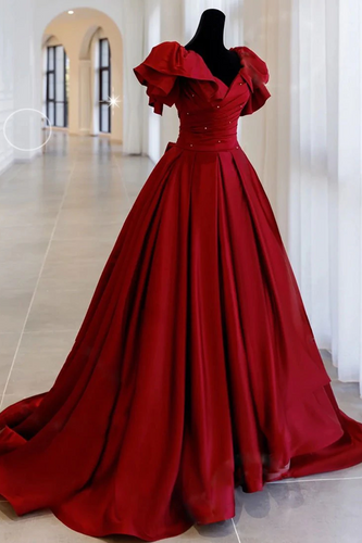 Burgundy Off Shoulder Satin Long Prom Evening Dress GJS677