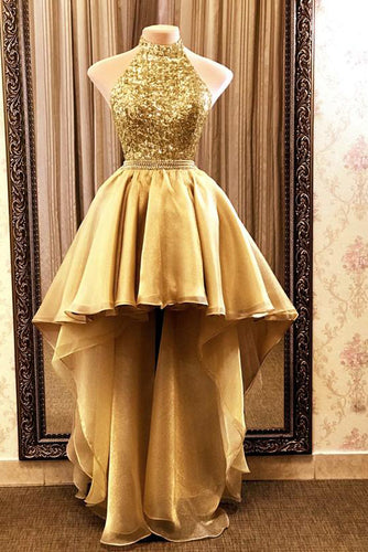 Gold High Low Sequin Organza  Halter Backless Formal Evening Party Gown Dress GJS609