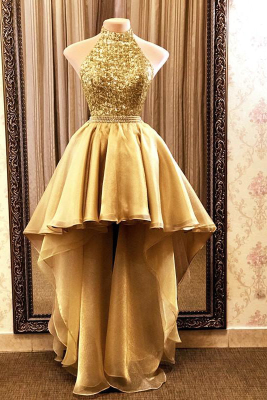 Gold High Low Sequin Organza Halter Backless Formal Evening Party Gown Dress GJS609