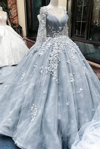 Romantic Light Grey Long Sleeves Floral Lace Applique Court Train  Ball Gown  GJS662