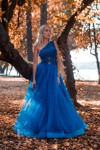 Blue one shoulder tulle lace long prom dress, blue tulle formal dress GJS721