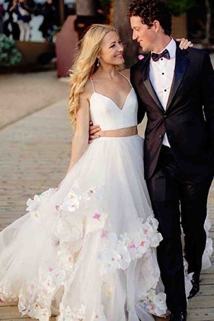 Stylish A-Line Two Piece Spaghetti Tulle Long Prom dress with Flowers GJS245