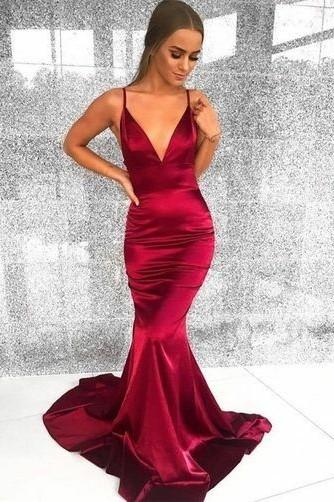 Sexy Spaghetti Straps V Neck Burgundy Long Mermaid Prom Dress ANN2409