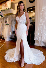 A-line V-Neck Sheath Long Lace Wedding Dress with Slit