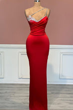 Red Satin One Shoulder Prom Dress with Sleeveless Beaded Detail