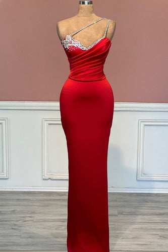 Red Satin One Shoulder Prom Dress with Sleeveless Beaded Detail