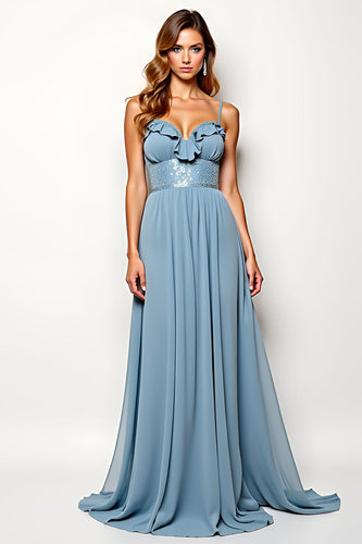 A Line Dusty Blue Spaghetti Straps Chiffon Wedding Guest Dress
