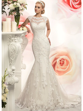 Mermaid  Trumpet Wedding Dresses Jewel Neck Court Train Lace Tulle Cap Sleeve with Appliques