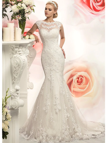 Mermaid  Trumpet Wedding Dresses Jewel Neck Court Train Lace Tulle Cap Sleeve with Appliques