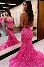 Sleeveless Pink Sequins Mermaid Long Prom Dress with Backless Spaghetti Straps
