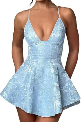 Short A-line Halter Backless Homecoming Dress Satin Ruffle Jacquard Party Dresses