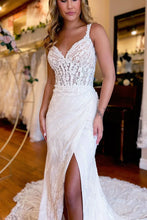 A-line V-Neck Sheath Long Lace Wedding Dress with Slit