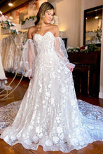 A-Line Sweetheart Corset Detachable Long Sleeves Long Lace Wedding Dress