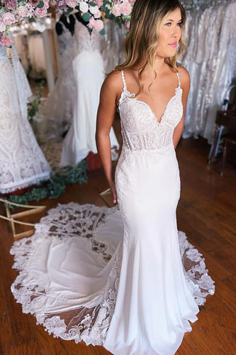 Boho Mermaid Spaghetti Straps Long Wedding Dress with Lace