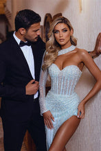 Long Mermaid One Shoulder Front Slit Sequined Prom Dress with Sleeves