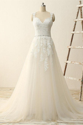 A Line Beautiful Lace V-Neck Wedding Dresses with Appliques