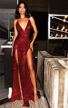 Sequin Spaghetti Straps V-Neck Red Long Prom Dress With Slit