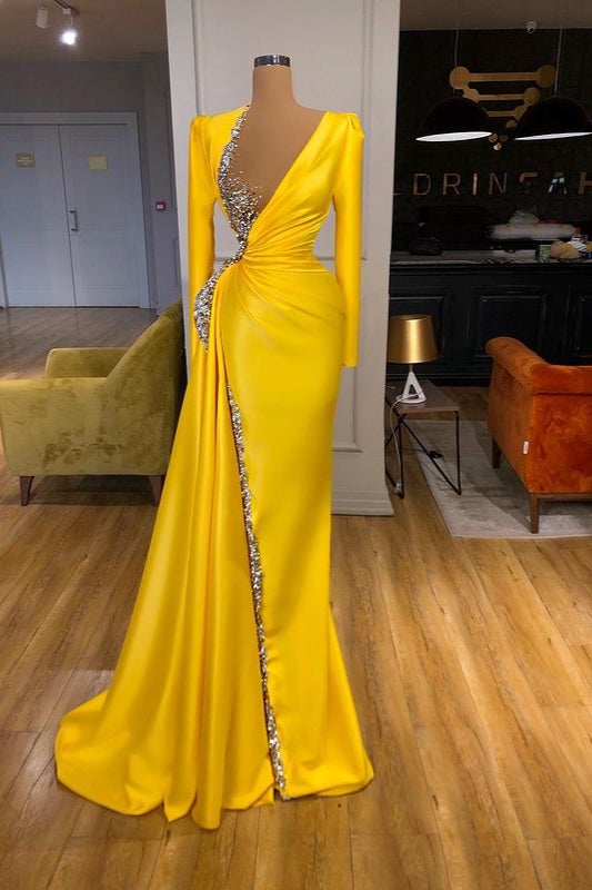 Yellow Long Sleeves Mermaid V-neck Satin Prom Dress with Beads