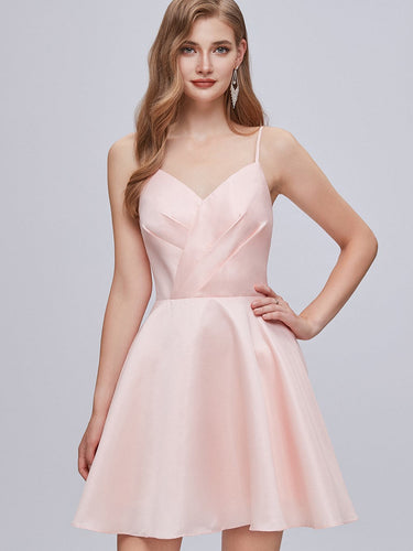 Pink V Neck Spaghetti Strap A Line Lace Up Short Homecoming Dresses