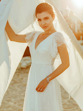 A-Line Wedding Dresses V Neck Floor Length Lace Short Sleeve Simple Casual Boho Illusion Detail Backless with Lace