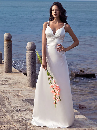 Wedding Dresses Sweetheart Neckline  Stretch Satin Spaghetti Strap Open Back with Beading