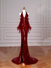 Sexy Burgundy Sequins Halter V Neck Evening Dress Backless Mermaid Evening Dress Y8628