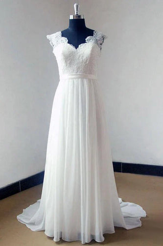 A-line Chiffon Lace V-neck Bodice Beach Wedding Dresses With Sweep Train