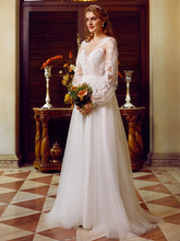A-Line Wedding Dresses V Neck  Lace Tulle Long Sleeve See-Through with Appliques