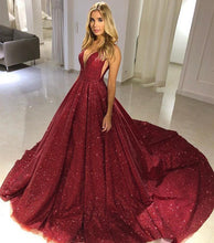 A-line Off-the-shoulder V-neck Burgundy Sequins Evening Dress