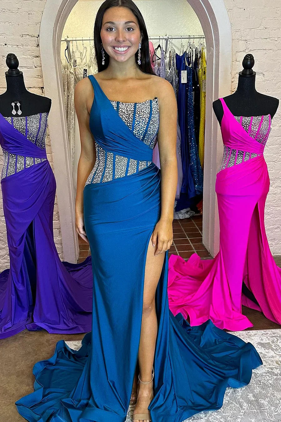 Laylani | Blue Mermaid One Shoulder Long Prom Dresses with Beaded