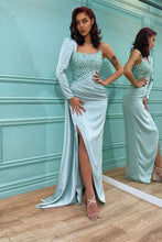 Long Sleeves Sequins Mermaid Satin Prom Dress with Slit
