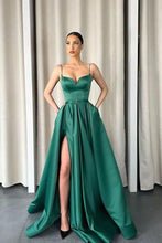 Long A-Line Satin Spaghetti Straps V-Neck Front Slit Prom Dress With Pockets