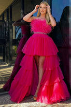 Marie| Fuchsia A-line High-Low Strapless Ruffled Tulle Prom Dress with Feathers