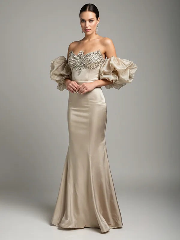 Evening dress Champagne color puff sleeve tube top mermaid floor length dress