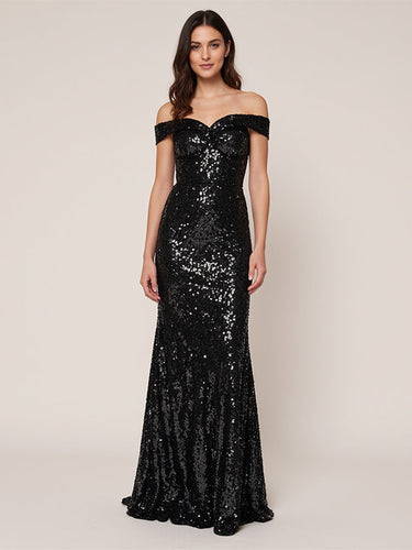 Black A Line Off-the-Shoulder Sequins Long Formal Dresses