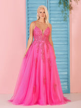 Angelina | A Line V Neck Pink Lace Long Prom Dress