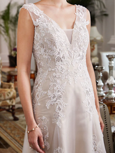 A-Line Wedding Dresses V Neck Court Train Lace Tulle Regular Straps Romantic Illusion Detail with Beading Appliques